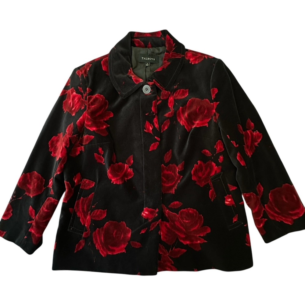 Talbots Velvet Jacket Blazer Women's Size 2 Black Red Roses on Black 100% Cotton